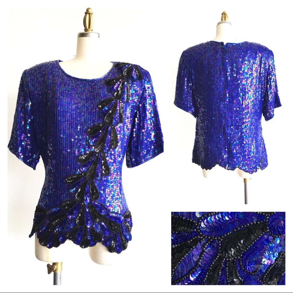 Vintage 80’s Stenay Royal Blue & Black Sequin Top - Picture 3 of 3